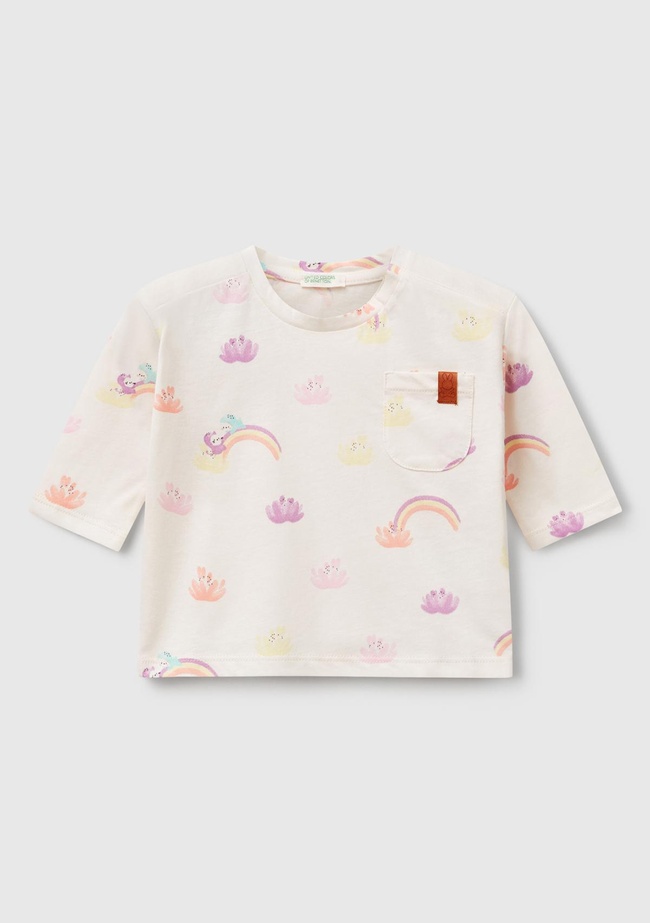  Bebek Toz Pembe Tamamı Desenli Logo Detaylı Omzu Çıtçıtlı Uzun Kollu T-Shirt