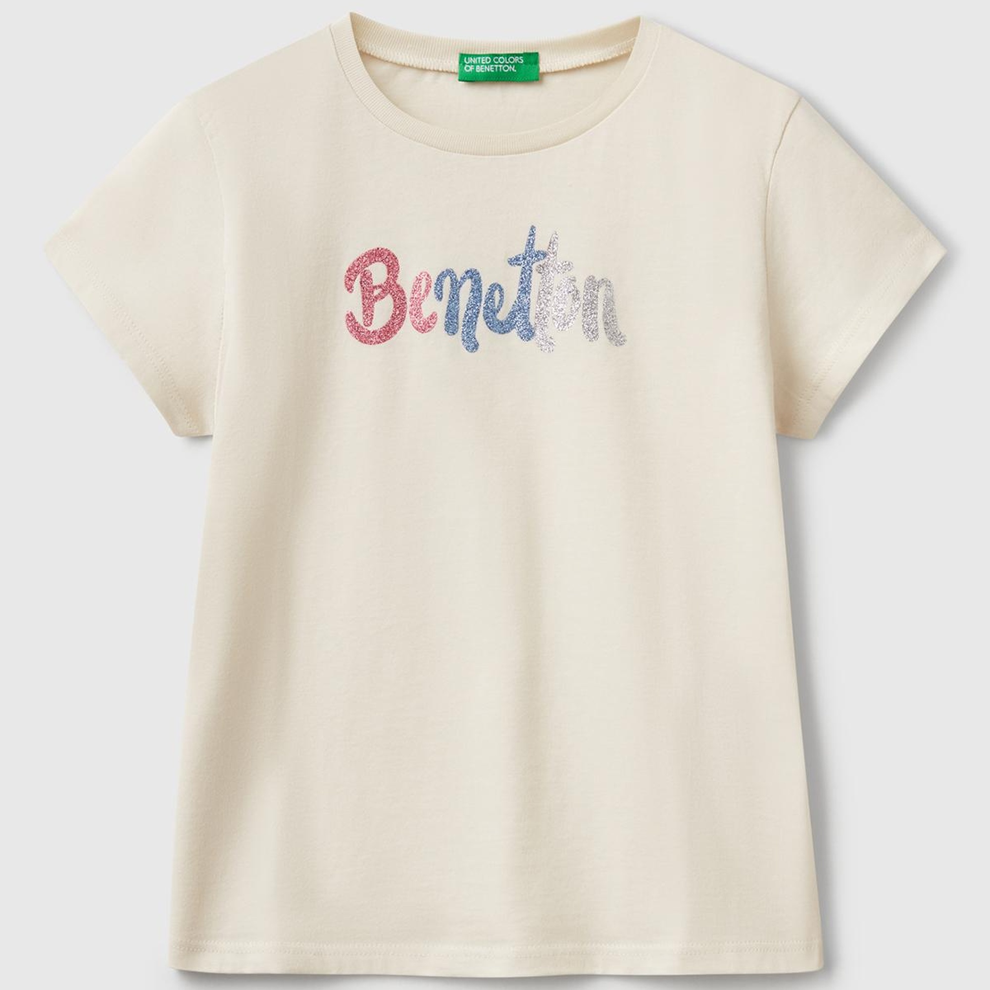 Kız Çocuk Krem Simli Logo Baskılı T-Shirt