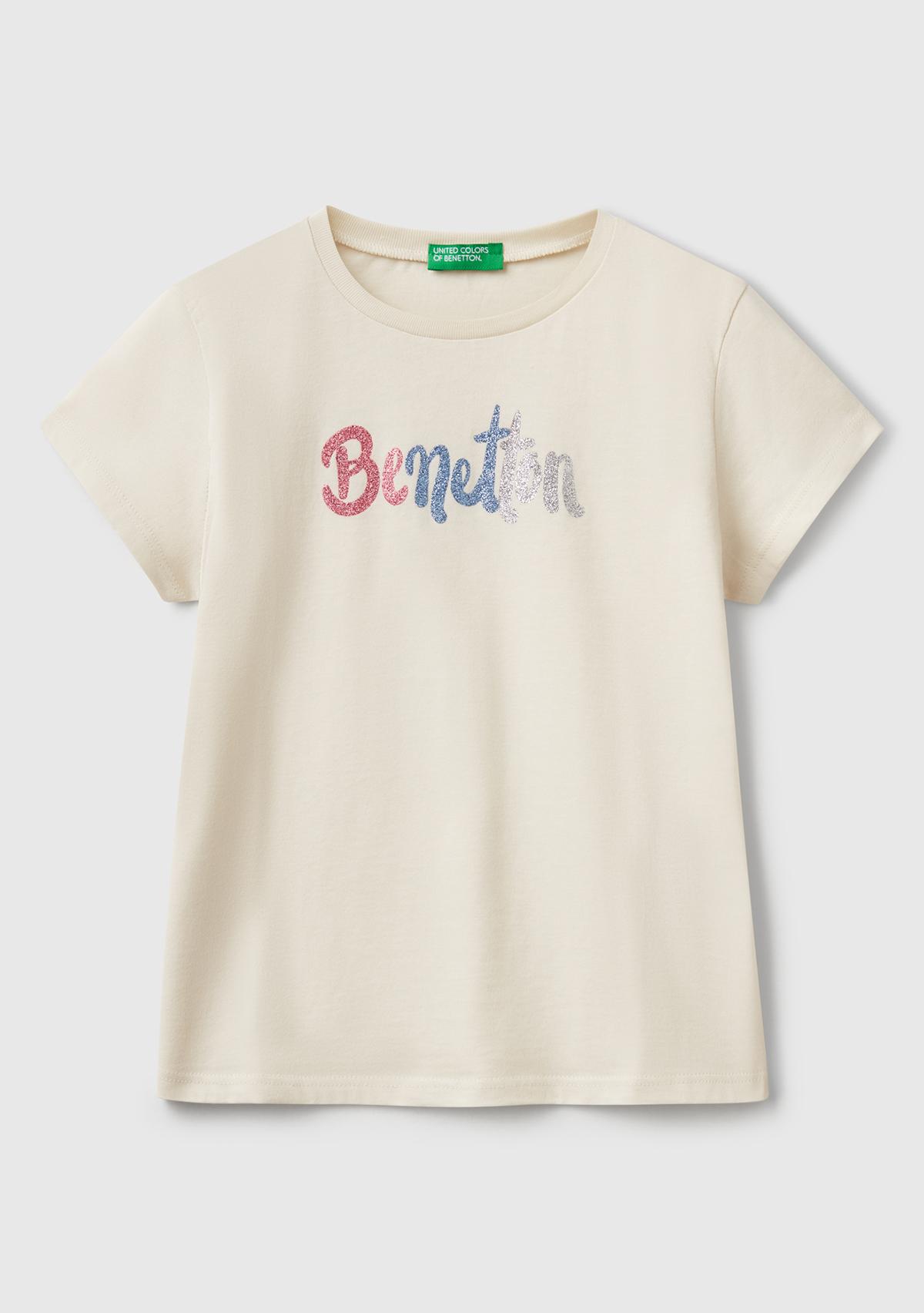  Kız Çocuk Krem Simli Logo Baskılı T-Shirt