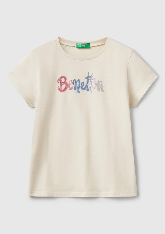  Kız Çocuk Krem Simli Logo Baskılı T-Shirt