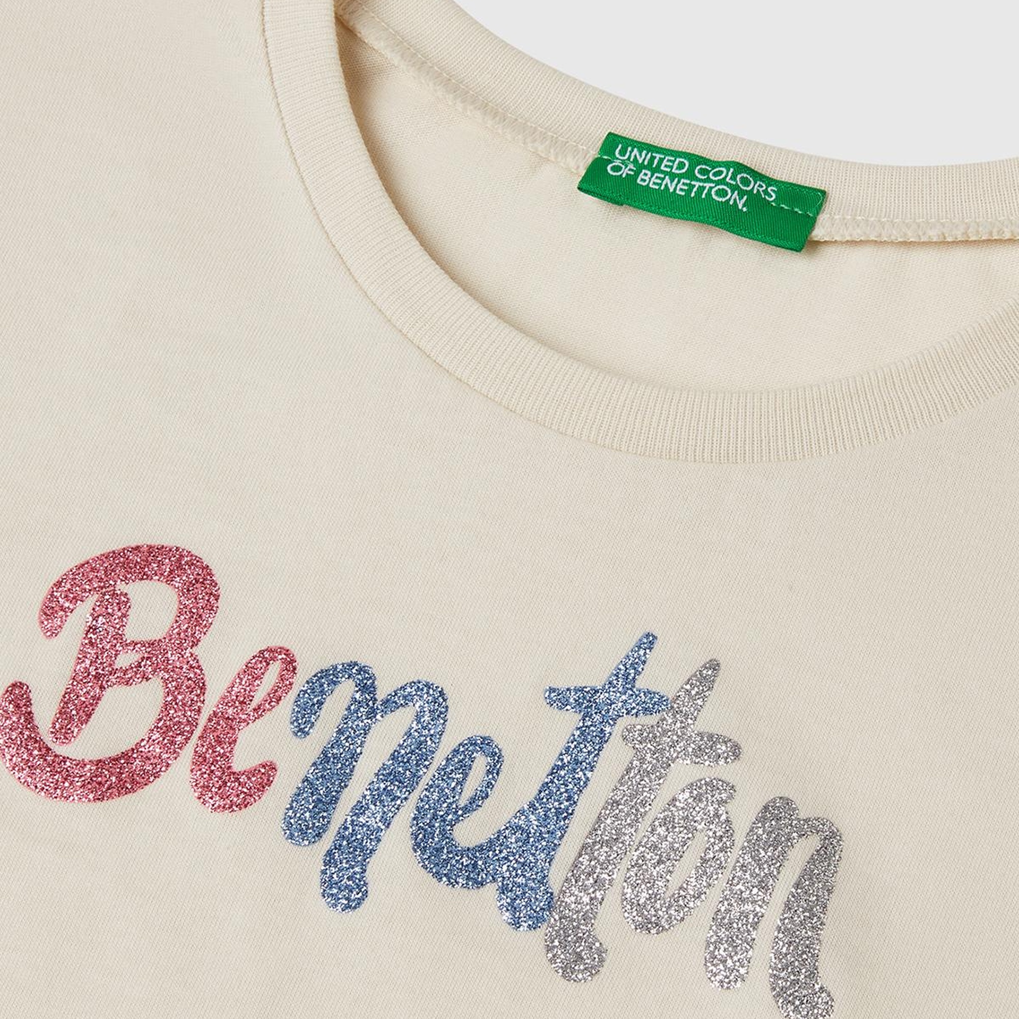 Kız Çocuk Krem Simli Logo Baskılı T-Shirt