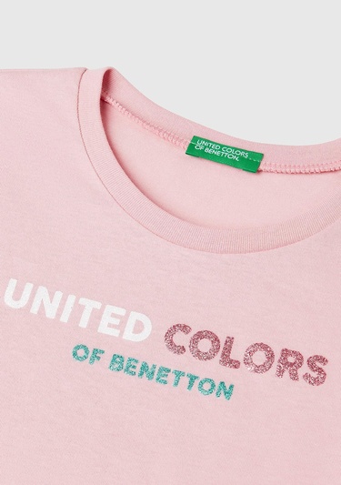  Kız Çocuk Pembe Simli Logo Baskılı T-Shirt