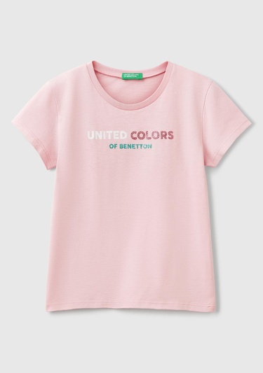  Kız Çocuk Pembe Simli Logo Baskılı T-Shirt