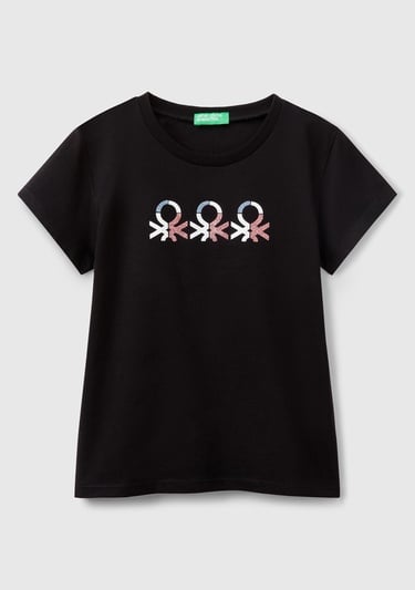  Kız Çocuk Siyah Simli Logo Baskılı T-Shirt