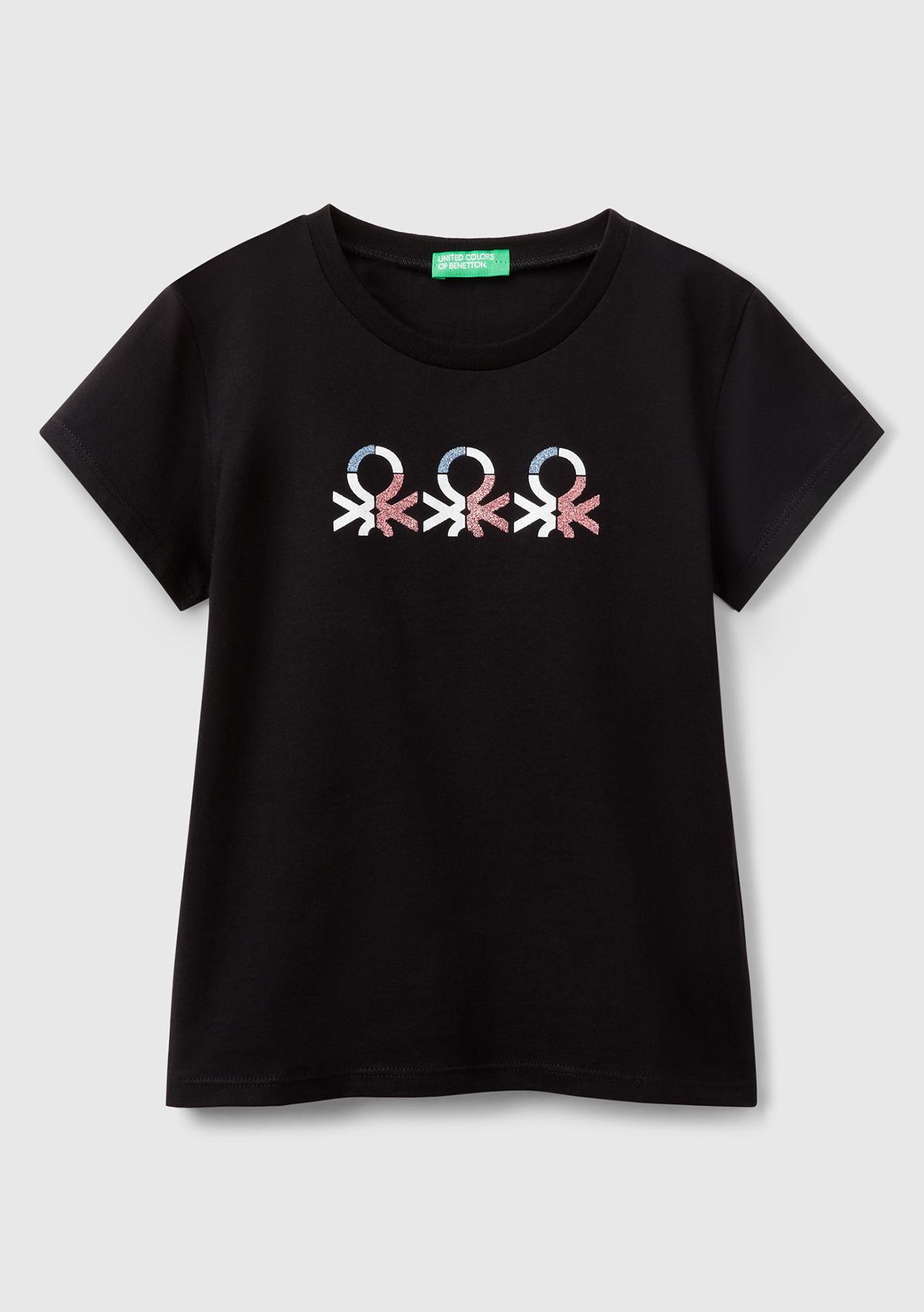  Kız Çocuk Siyah Simli Logo Baskılı T-Shirt