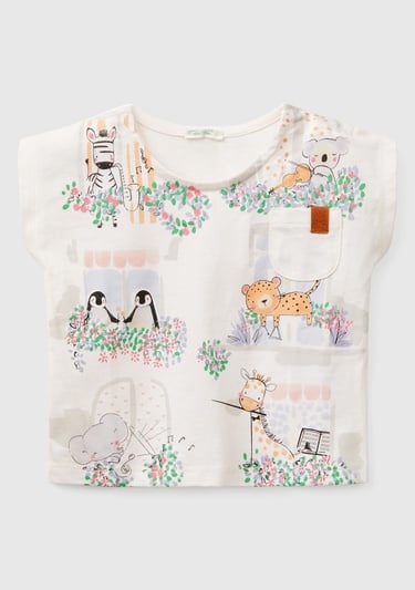  Bebek Ekru Grafik Baskılı Cep Detaylı T-Shirt