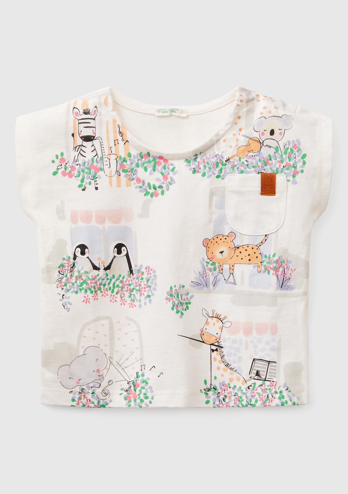  Bebek Ekru Grafik Baskılı Cep Detaylı T-Shirt