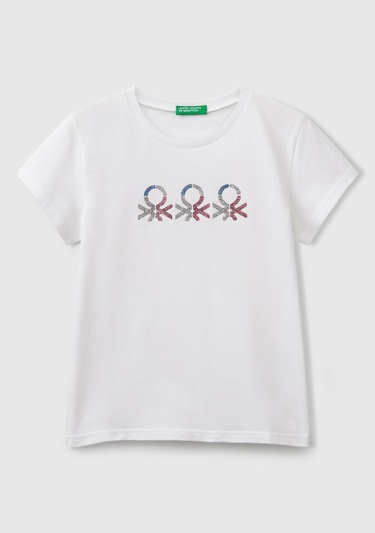  Kız Çocuk Beyaz Simli Logo Baskılı T-Shirt