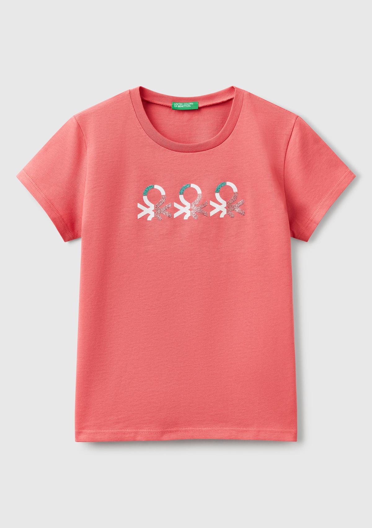  Kız Çocuk Fuşya Simli Logo Baskılı T-Shirt