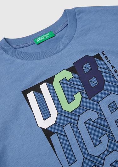  Erkek Çocuk Havacı Mavi Benetton Logo Baskılı T-Shirt