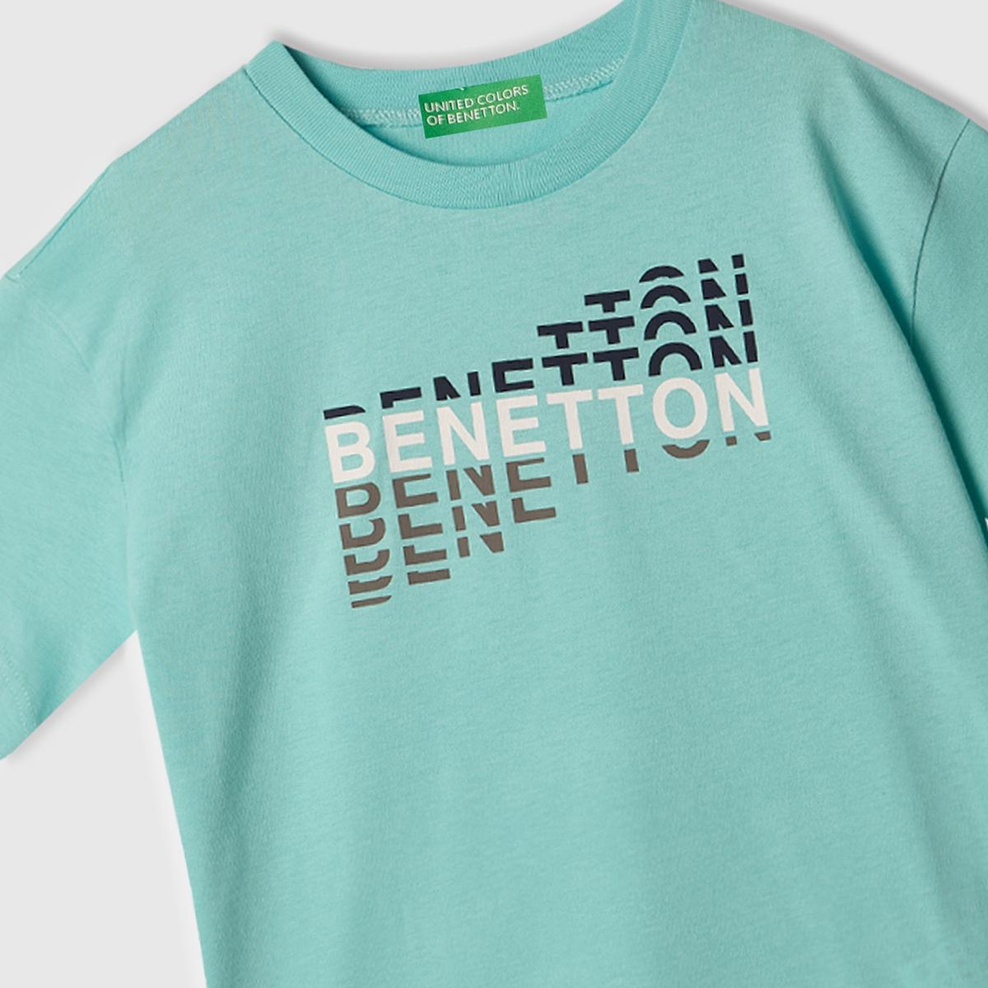Erkek Çocuk Su Yeşili Benetton Logo Baskılı T-Shirt