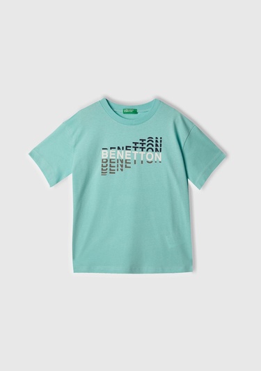  Erkek Çocuk Su Yeşili Benetton Logo Baskılı T-Shirt