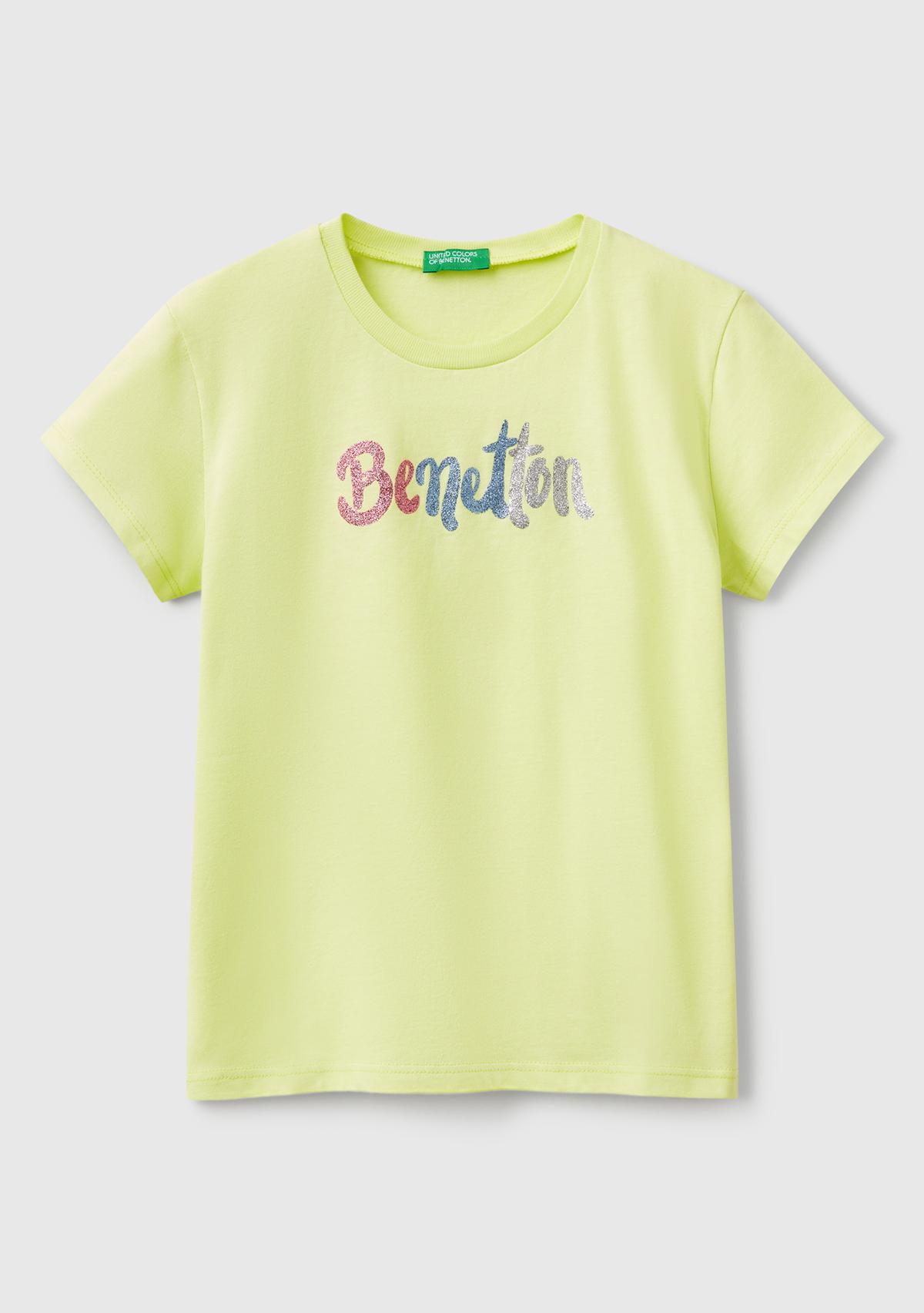  Kız Çocuk Sarı Simli Logo Baskılı T-Shirt