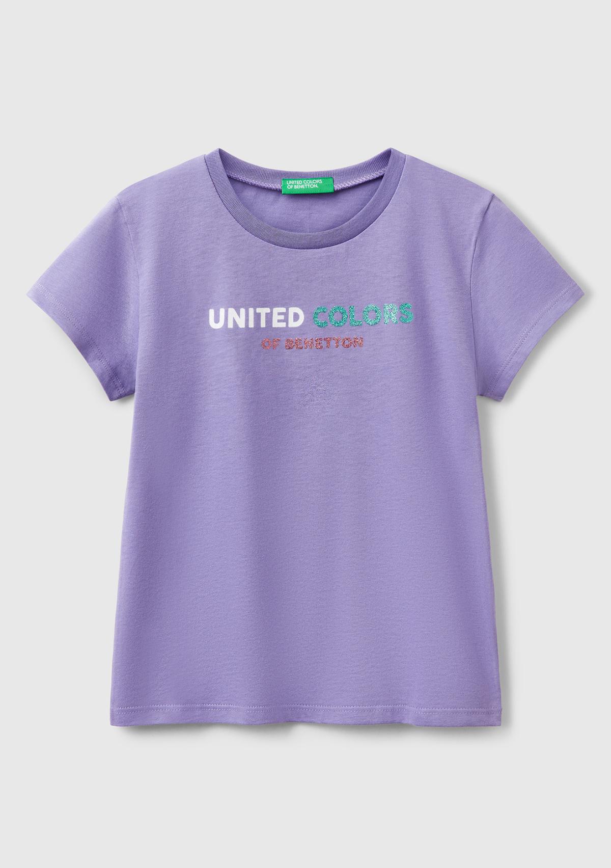  Kız Çocuk Mor Simli Logo Baskılı T-Shirt