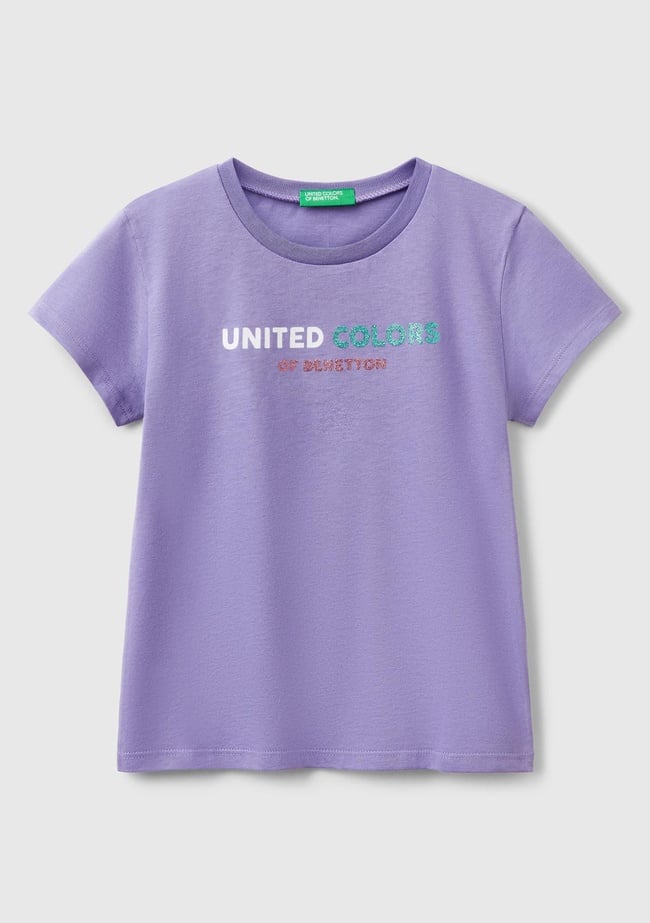  Kız Çocuk Mor Simli Logo Baskılı T-Shirt