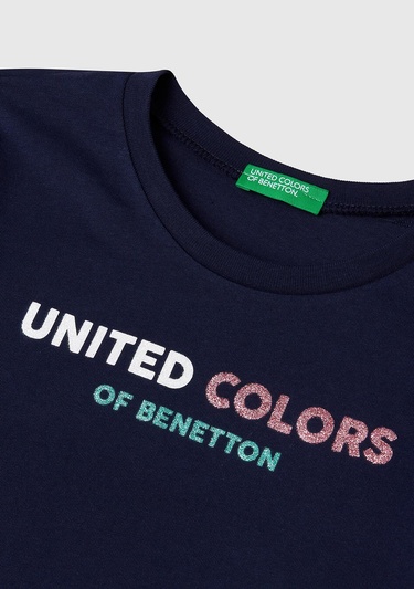  Kız Çocuk Lacivert Simli Logo Baskılı T-Shirt