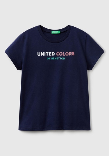  Kız Çocuk Lacivert Simli Logo Baskılı T-Shirt