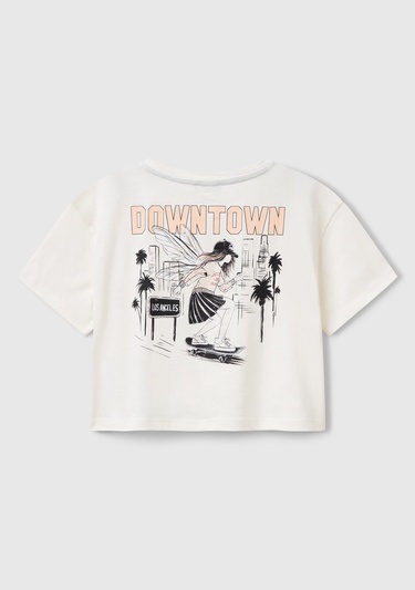  Kız Çocuk Ekru Arkası Baskılı Yama Cepli T-Shirt