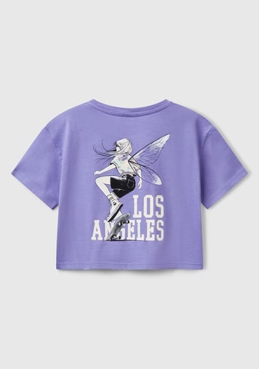  Kız Çocuk Mor Arkası Baskılı Yama Cepli T-Shirt