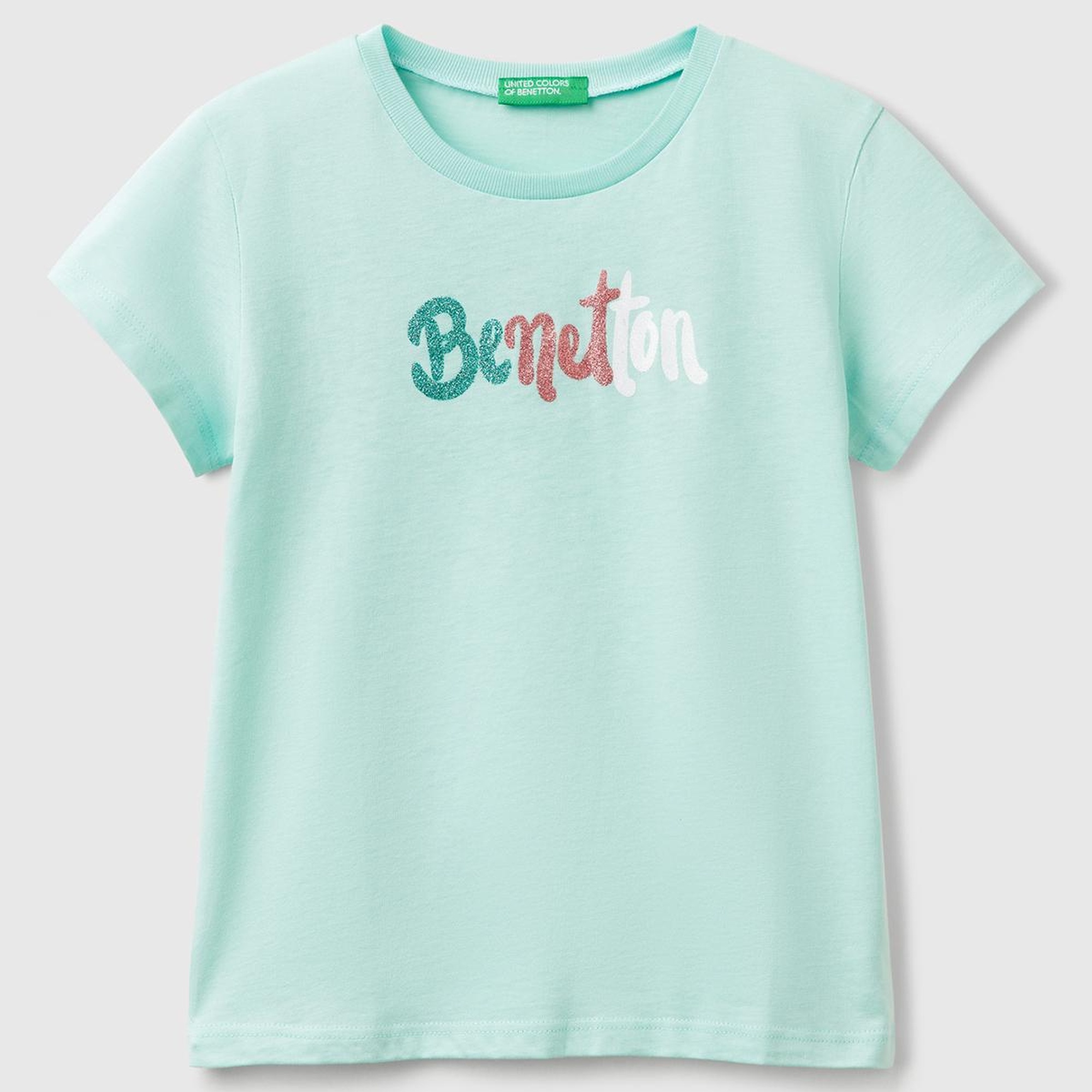 Kız Çocuk Su Yeşili Simli Logo Baskılı T-Shirt
