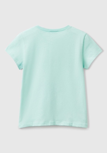  Kız Çocuk Su Yeşili Simli Logo Baskılı T-Shirt