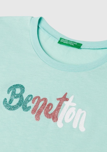  Kız Çocuk Su Yeşili Simli Logo Baskılı T-Shirt