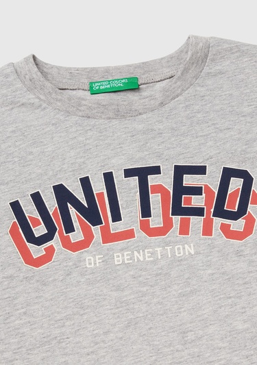  Erkek Çocuk Gri Melanj Benetton Logo Baskılı T-Shirt