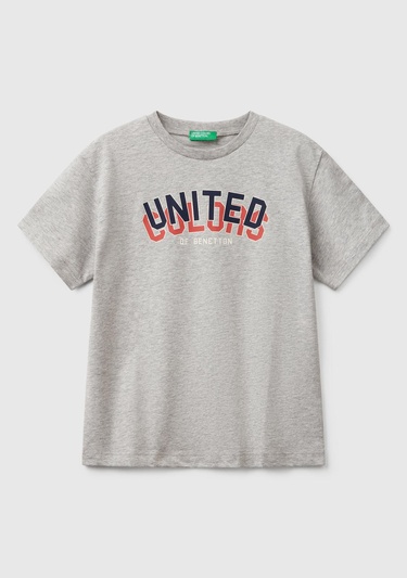  Erkek Çocuk Gri Melanj Benetton Logo Baskılı T-Shirt