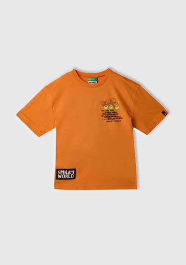  Erkek Çocuk Turuncu Smiley World Baskılı Logo Etiketli T-Shirt