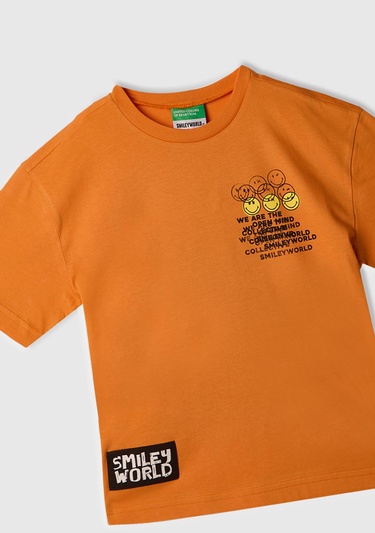  Erkek Çocuk Turuncu Smiley World Baskılı Logo Etiketli T-Shirt