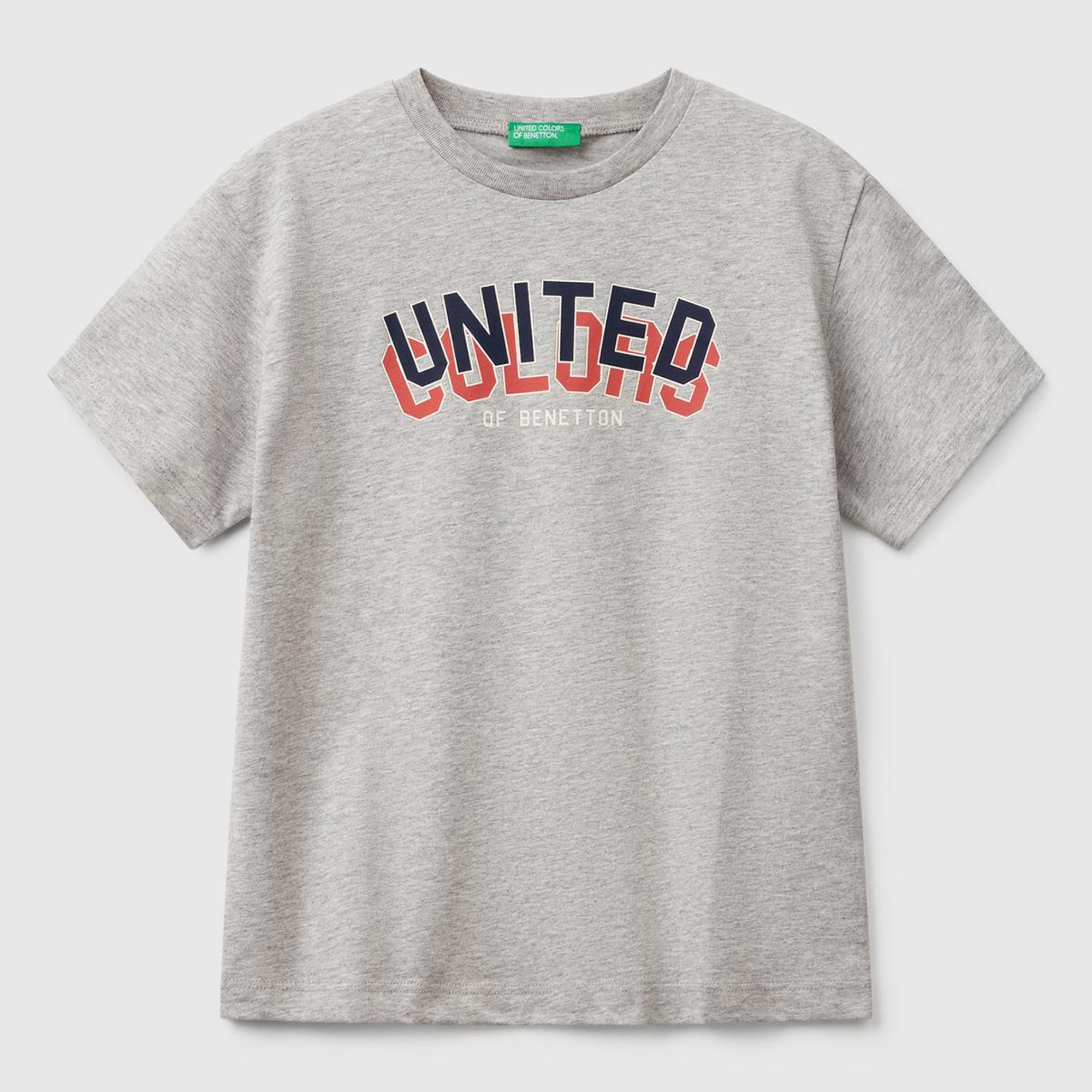 Erkek Çocuk Gri Melanj Benetton Logo Baskılı T-Shirt