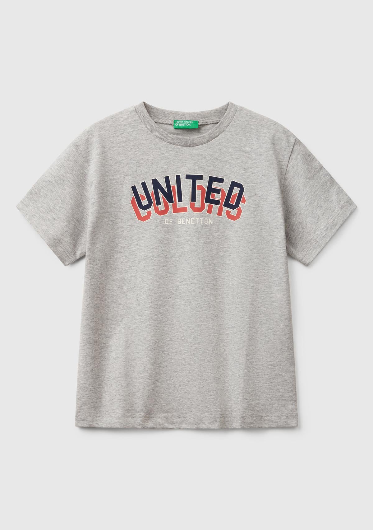  Erkek Çocuk Gri Melanj Benetton Logo Baskılı T-Shirt