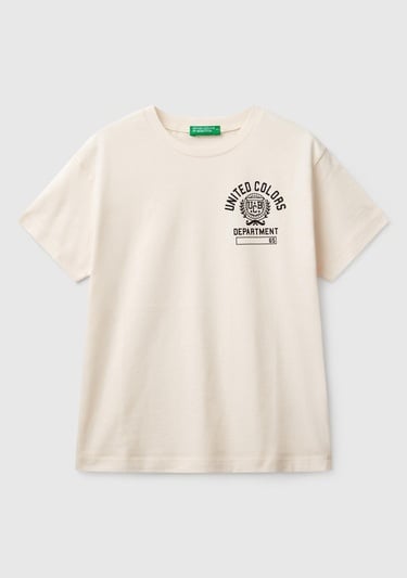  Erkek Çocuk Ekru Benetton Logo Baskılı T-Shirt