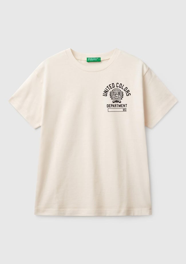  Erkek Çocuk Ekru Benetton Logo Baskılı T-Shirt