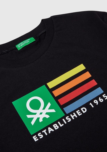  Erkek Çocuk Siyah Benetton Logo Baskılı T-Shirt