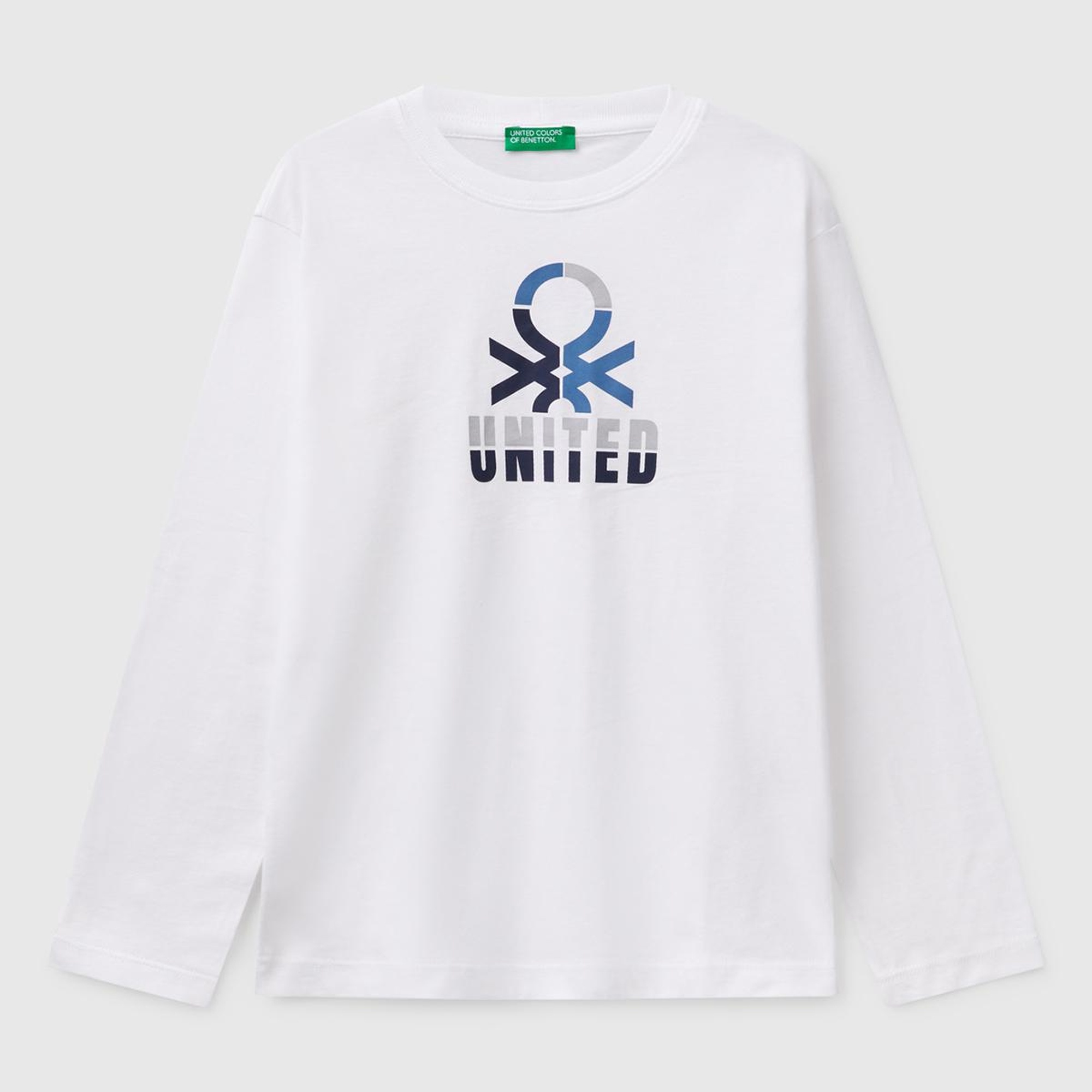 Erkek Çocuk Beyaz Benetton Logo Baskılı Uzun Kollu T-Shirt