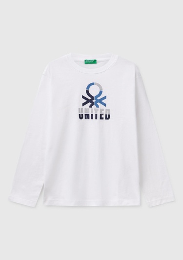  Erkek Çocuk Beyaz Benetton Logo Baskılı Uzun Kollu T-Shirt