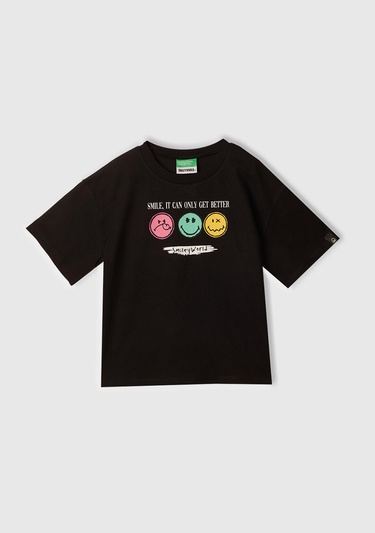  Kız Çocuk Siyah Smiley World Baskılı Logo Etiketli T-Shirt