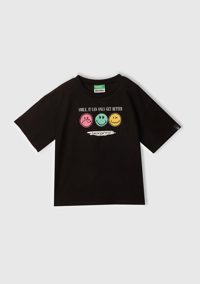 Kız Çocuk Siyah Smiley World Baskılı Logo Etiketli T-Shirt