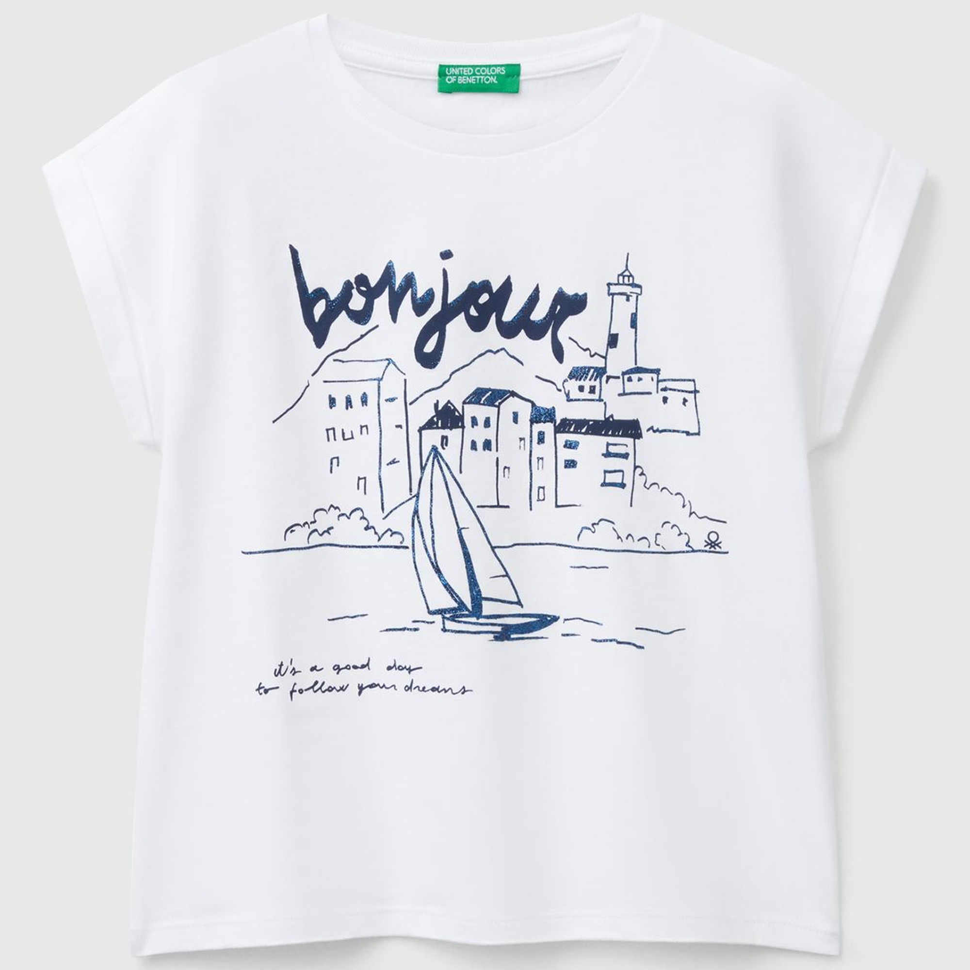 Kız Çocuk Beyaz Parlak Baskılı Düşük Omuz T-Shirt