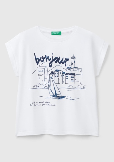  Kız Çocuk Beyaz Parlak Baskılı Düşük Omuz T-Shirt