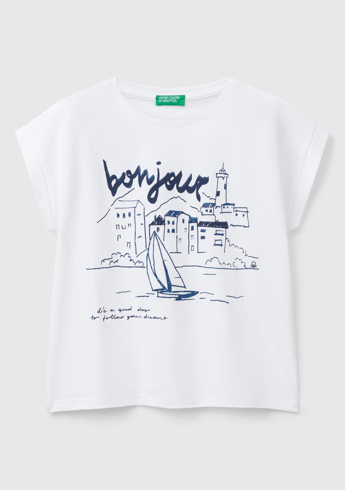  Kız Çocuk Beyaz Parlak Baskılı Düşük Omuz T-Shirt