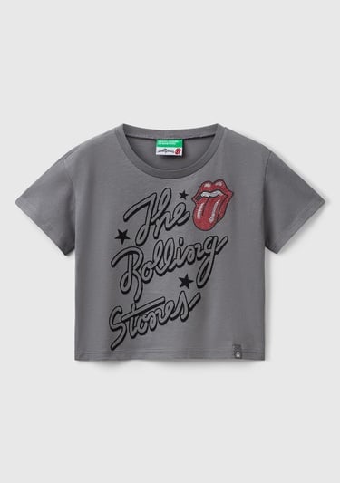  Kız Çocuk Antrasit Rolling Stones Baskılı Logo Etiketli T-Shirt