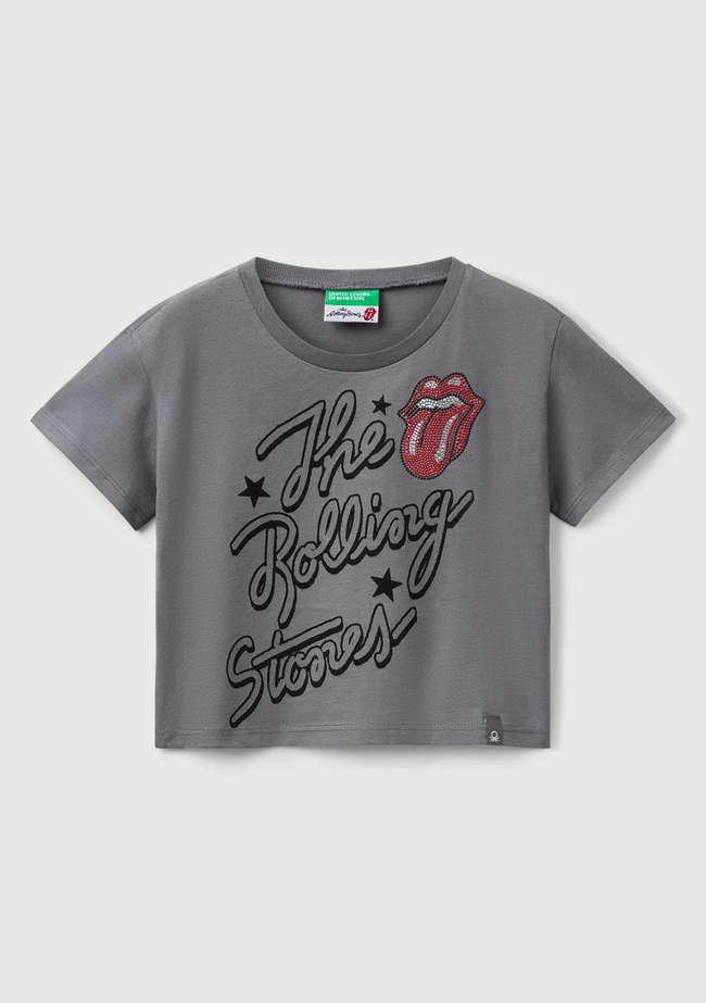  Kız Çocuk Antrasit Rolling Stones Baskılı Logo Etiketli T-Shirt