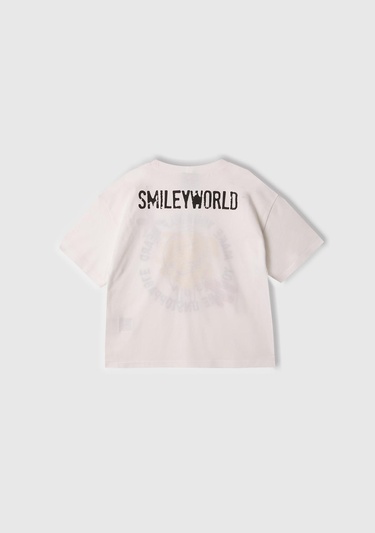  Kız Çocuk Beyaz Smiley World Baskılı Logo Etiketli T-Shirt