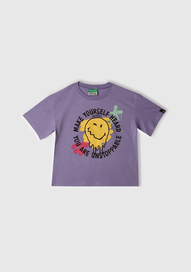  Kız Çocuk Mor Smiley World Baskılı Logo Etiketli T-Shirt