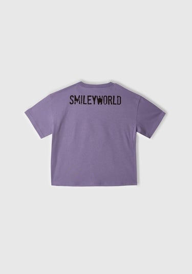  Kız Çocuk Mor Smiley World Baskılı Logo Etiketli T-Shirt