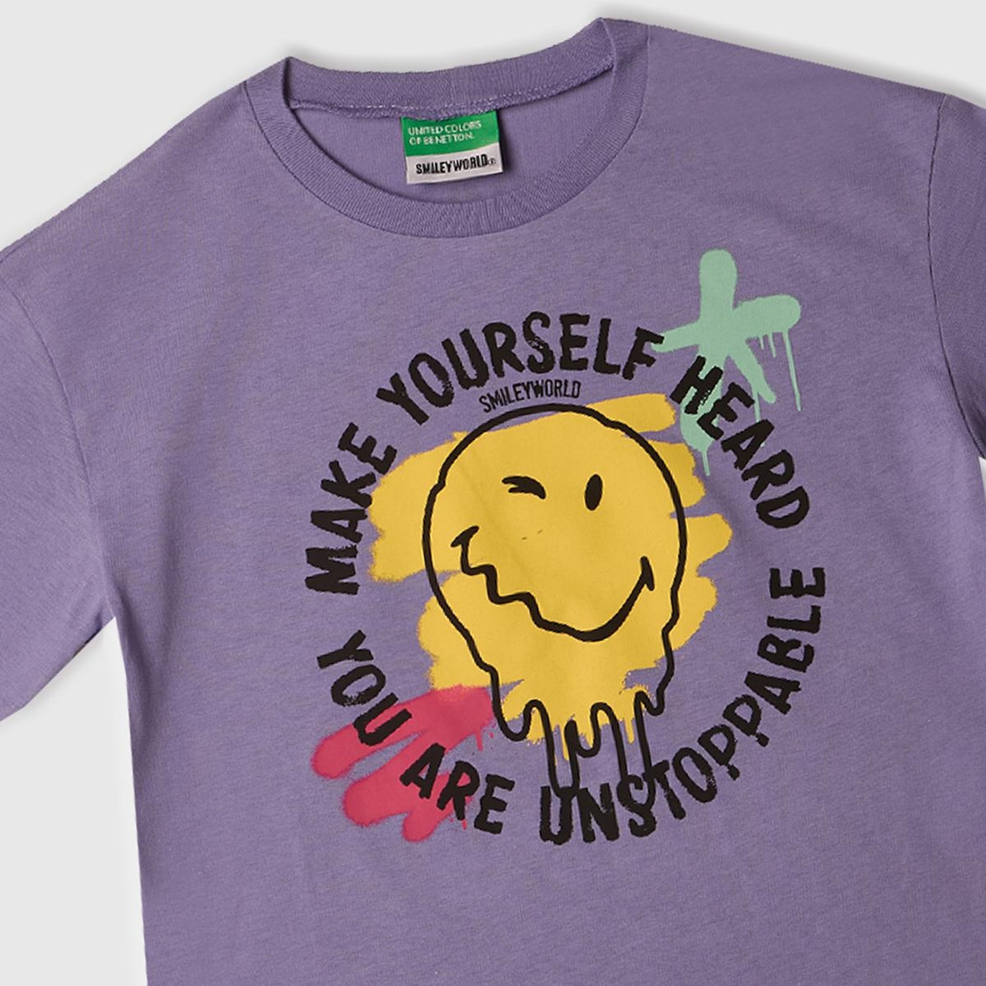Kız Çocuk Mor Smiley World Baskılı Logo Etiketli T-Shirt