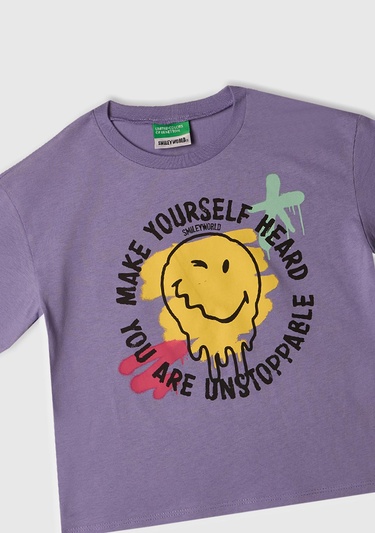  Kız Çocuk Mor Smiley World Baskılı Logo Etiketli T-Shirt