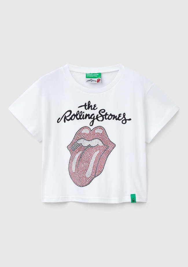  Kız Çocuk Beyaz Rolling Stones Baskılı Logo Etiketli T-Shirt